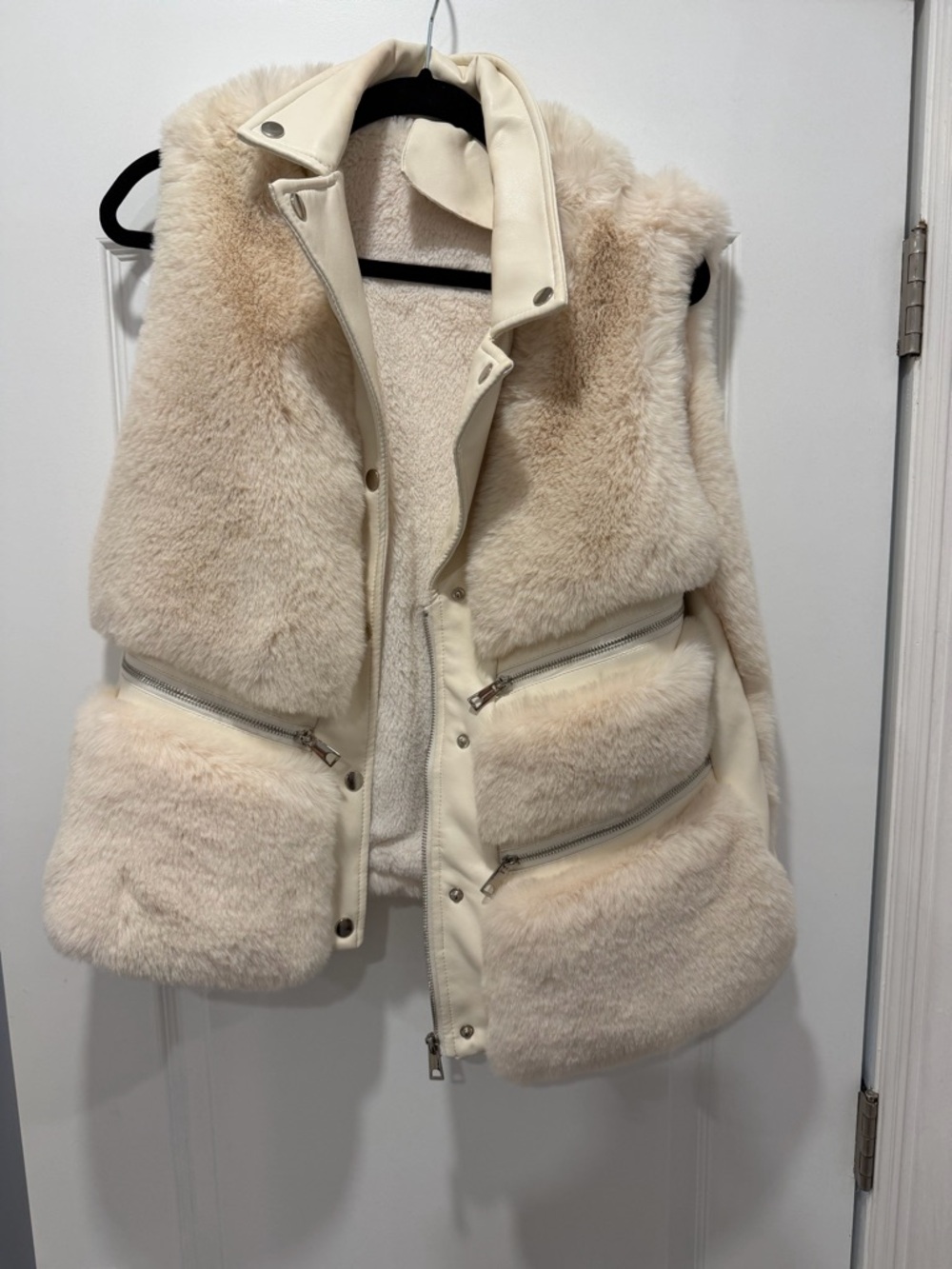Cream Faux Fur Puffer Vest With Leather and Zipper Details Women's Jacket & Coat